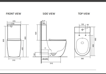Technical drawings of a toilet with dimensions labeled from front, side, and top views.