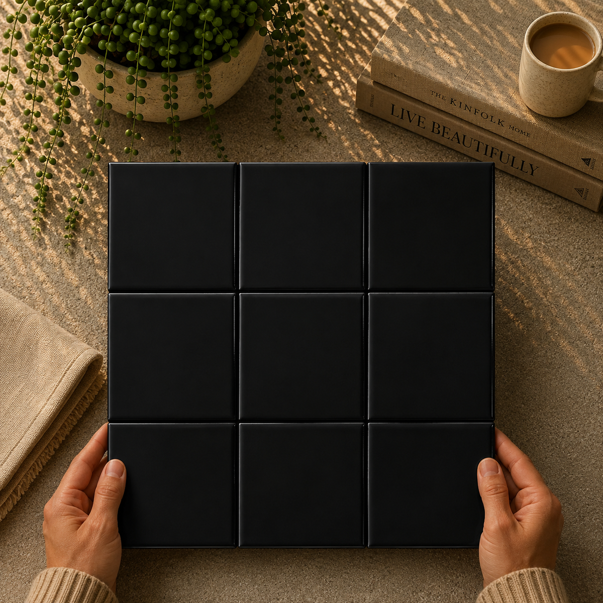 Black porcelain square mosaic lifestyle setting