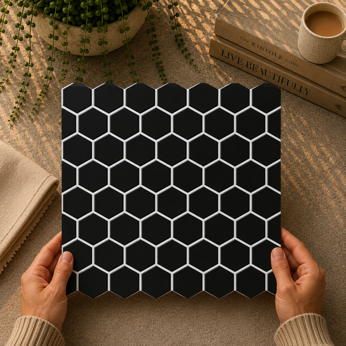 Black porcelain hexagon mosaic lifestyle setting