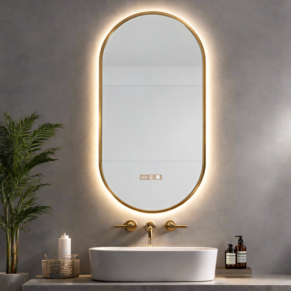 Bathroom setup with a oval mirror, sink, and decorative items on a gray wall.