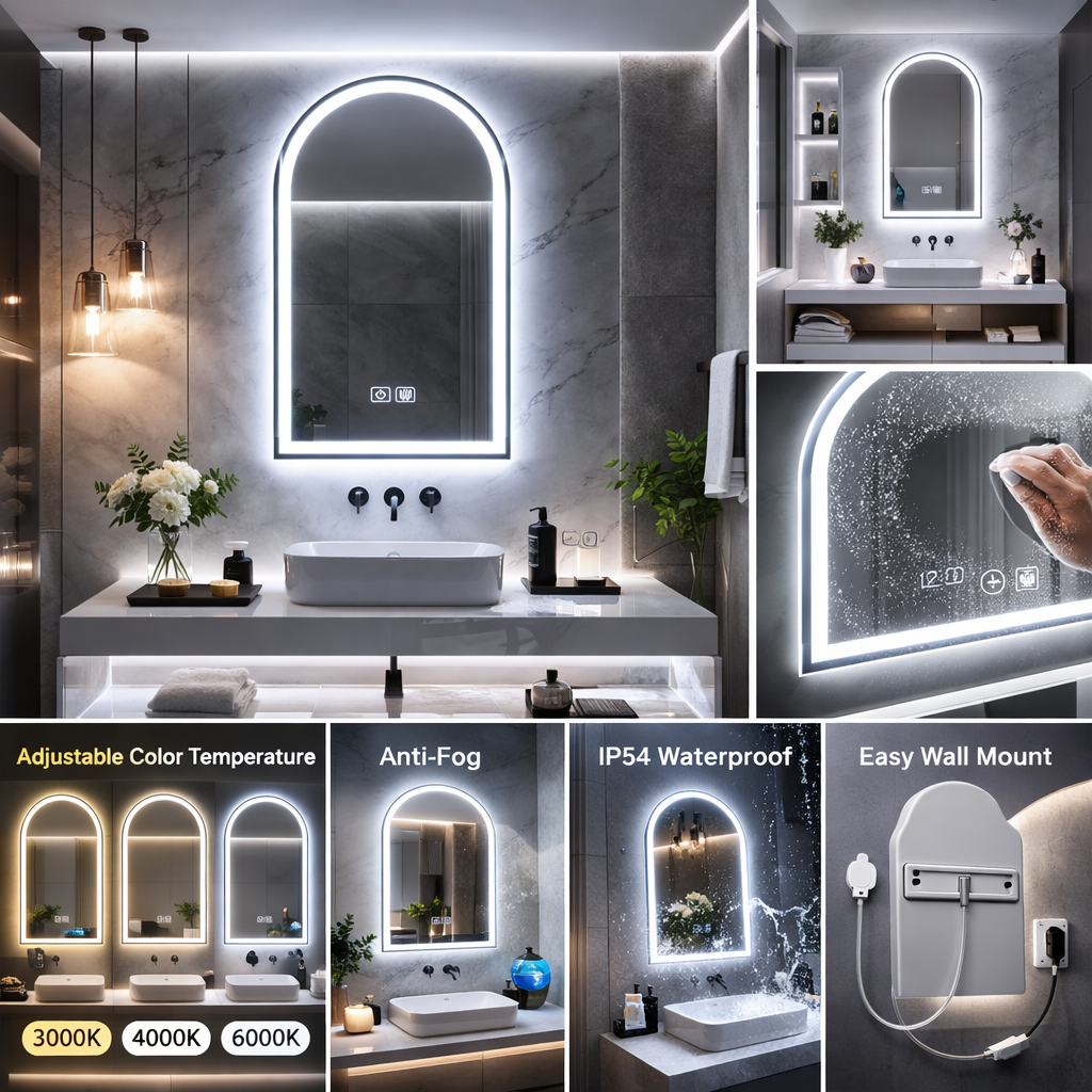 Bathroom vanity with a large illuminated mirror, featuring adjustable color temperature, anti-fog, IP54 waterproof, and easy wall mount features.