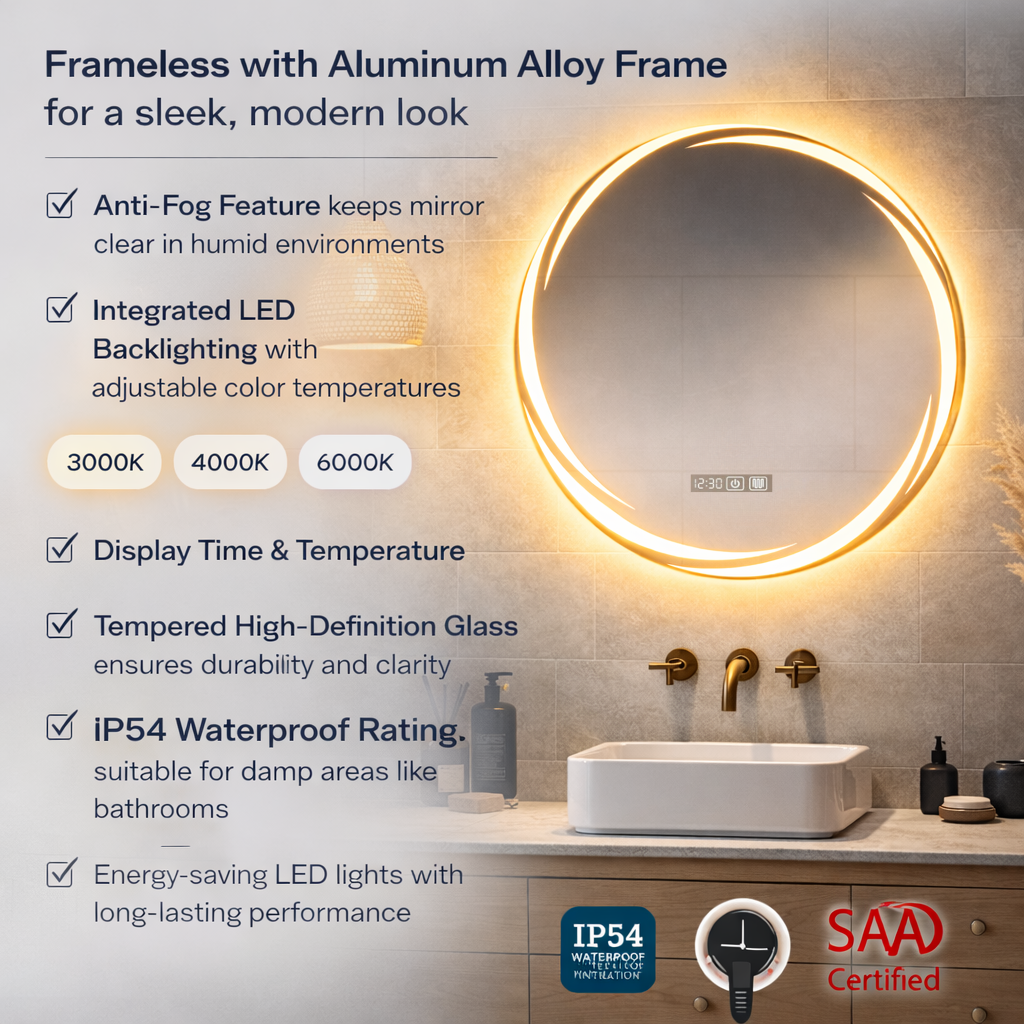 Bathroom vanity with a round mirror featuring LED backlighting, anti-fog feature, and SAA certification.