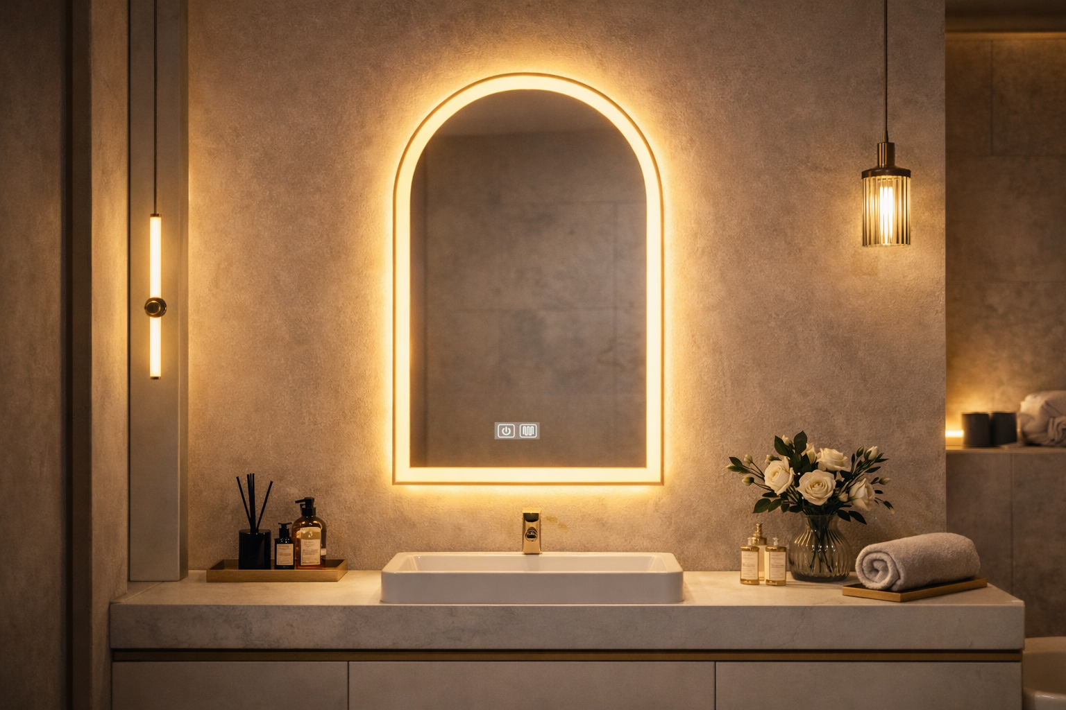 Bathroom vanity with illuminated mirror, lighting fixtures, and decorative elements.