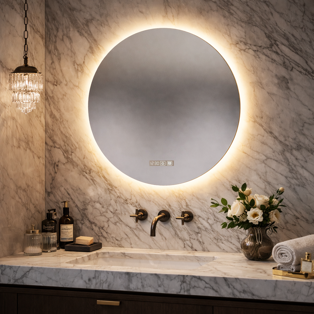 Bathroom vanity with round illuminated mirror, marble countertop, and decorative elements.