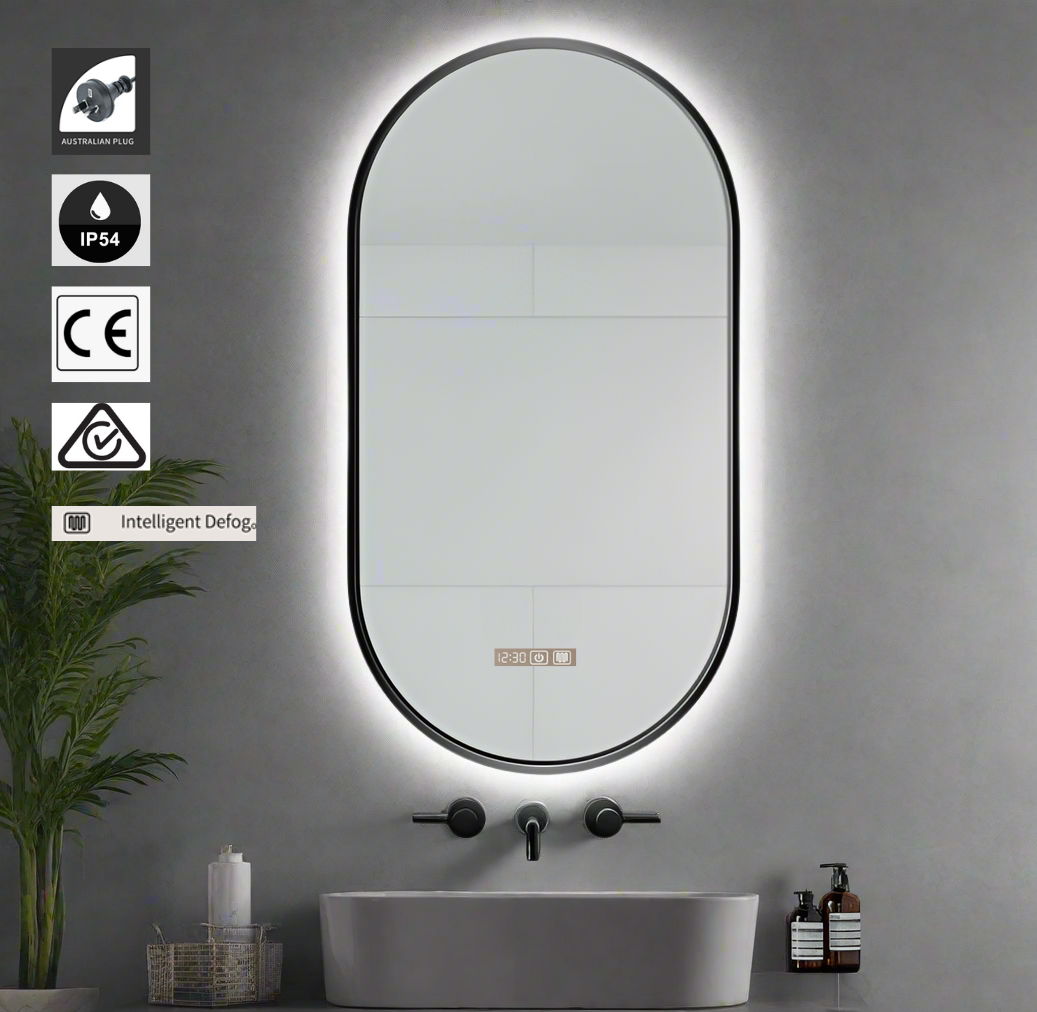 Bathroom with a large oval mirror with LED lighting, sink, and toiletries.