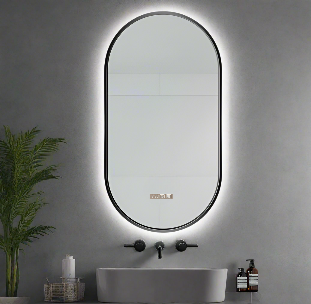 Bathroom with a large oval mirror with lights, sink, and toiletries on a gray wall.