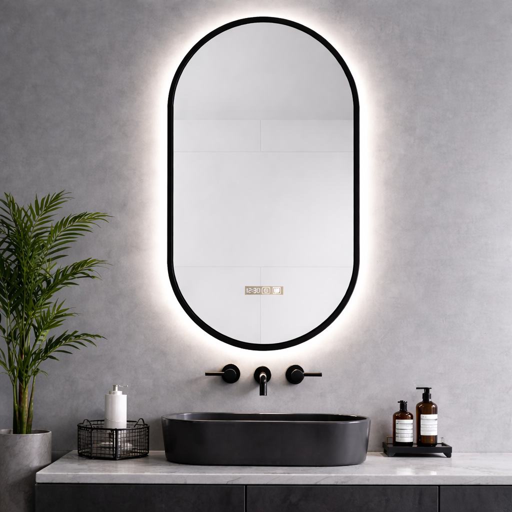 Bathroom with oval mirror, black faucet, and decorative items on a gray wall.