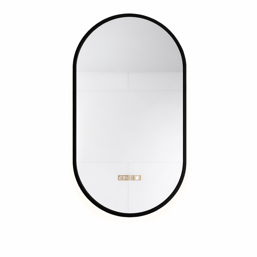 Black-framed oval mirror on a white background