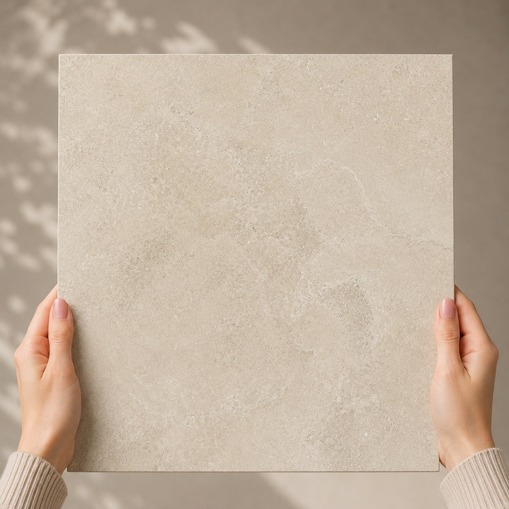 Beige ceramic tile held by hands against a neutral background