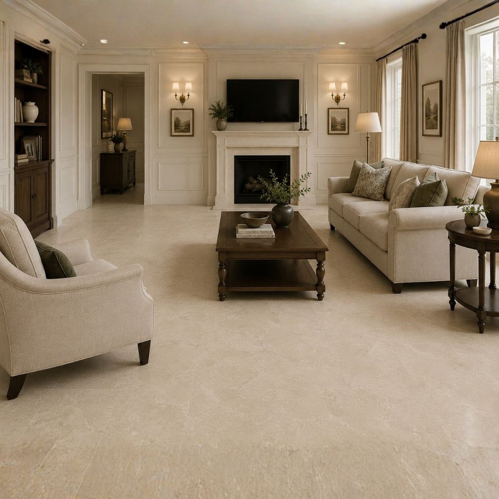Living room with beige sofa, armchair, and coffee table in a well-lit room.
