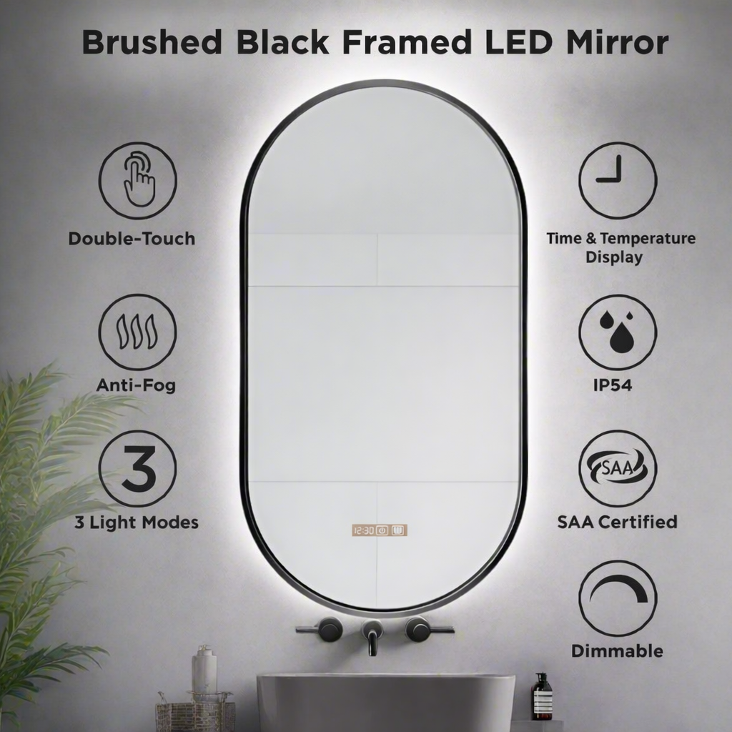 Brushed black framed LED mirror with features listed on a gray background