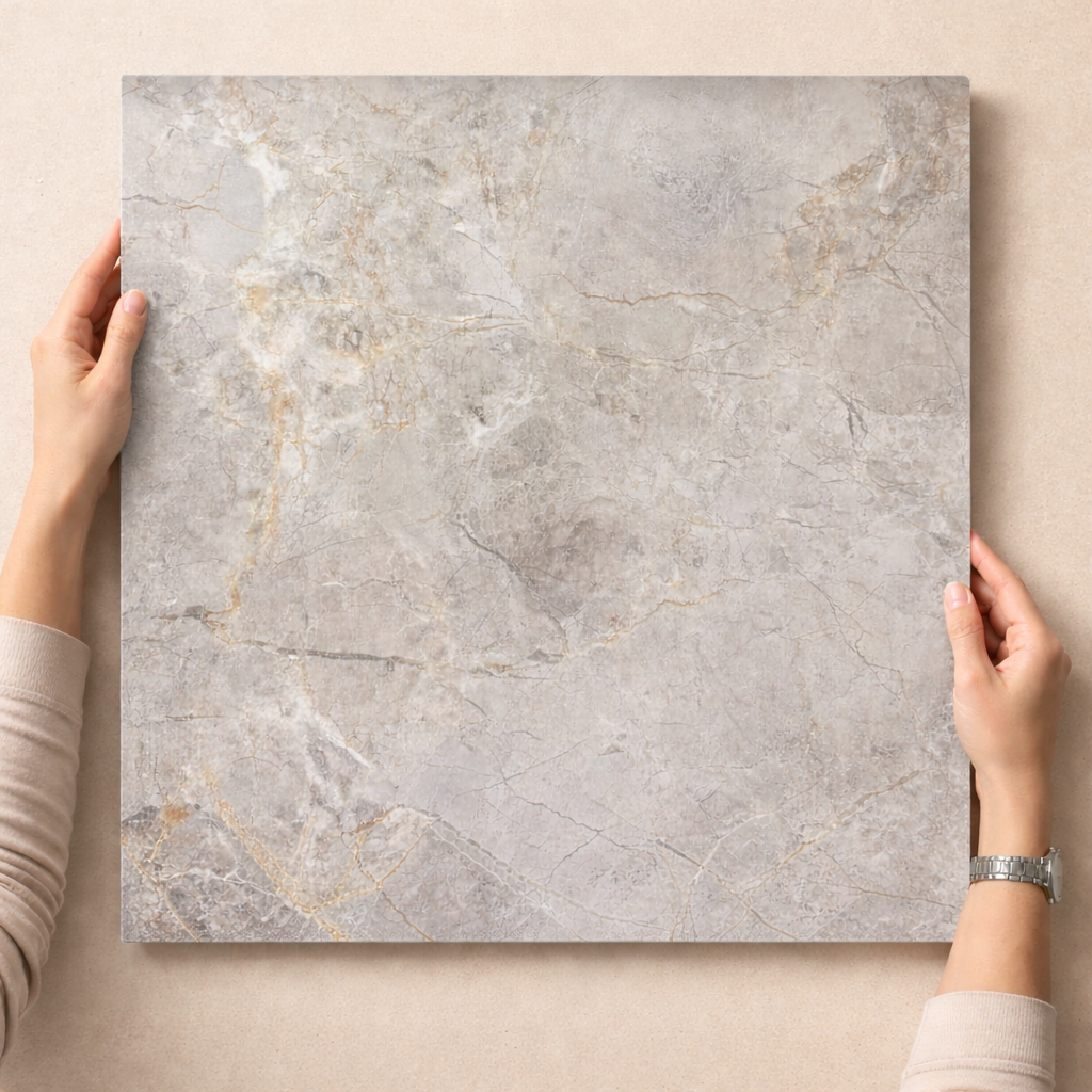 Person holding a large gray marble-patterned tile against a beige background