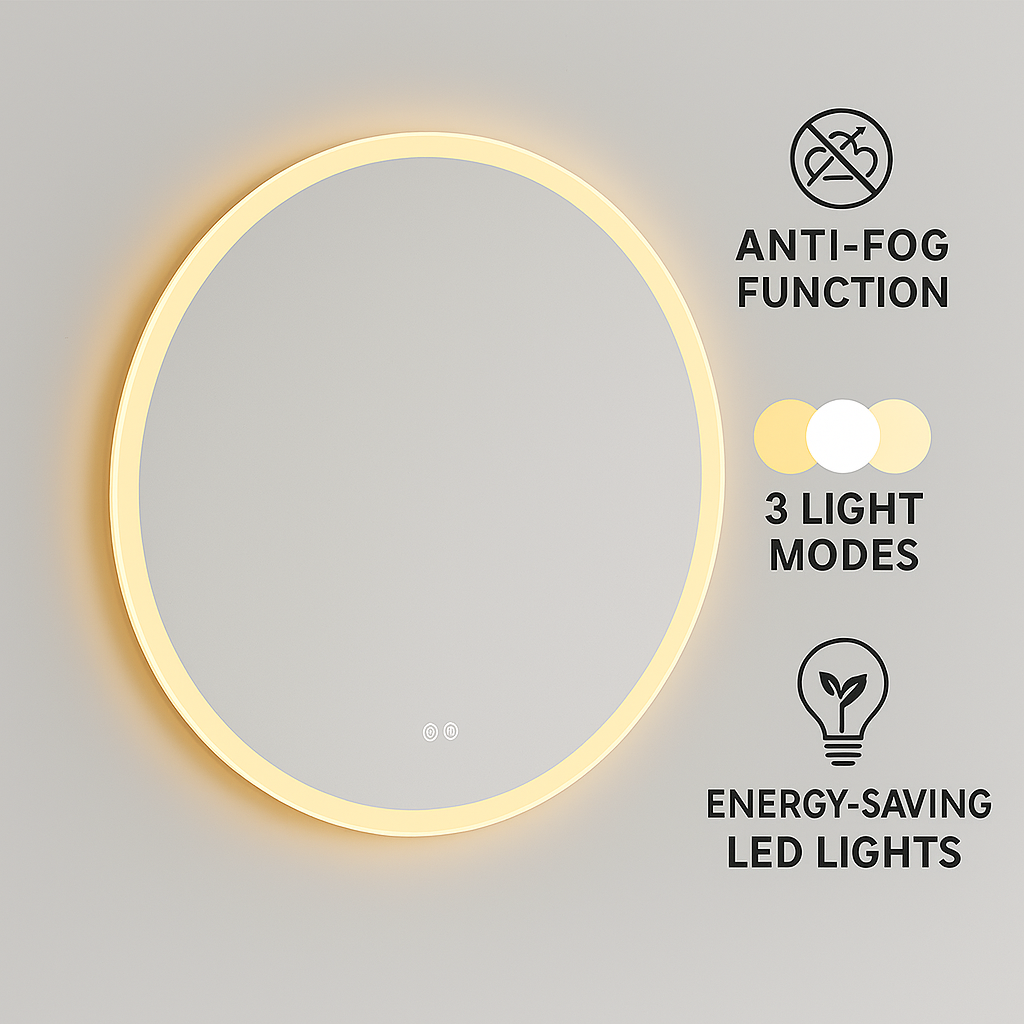 Round mirror with LED lighting on a gray background, featuring anti-fog, light mode, and energy-saving features.
