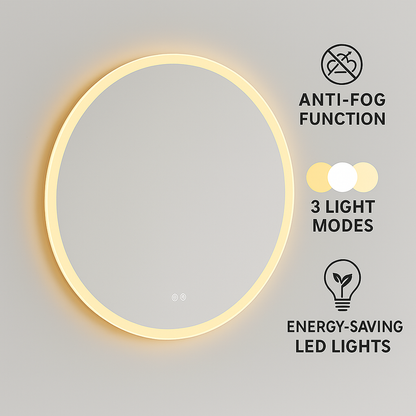 Round mirror with LED lighting on a gray background, featuring anti-fog, light mode, and energy-saving features.
