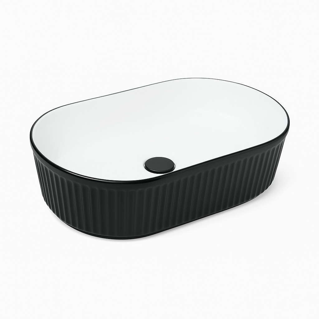 Ribbed Oval Ceramic Basin – Matte Black & White