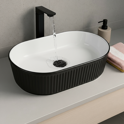 Ribbed Oval Ceramic Basin – Matte Black & White