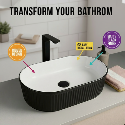 Bathroom sink with features highlighted on a colorful background