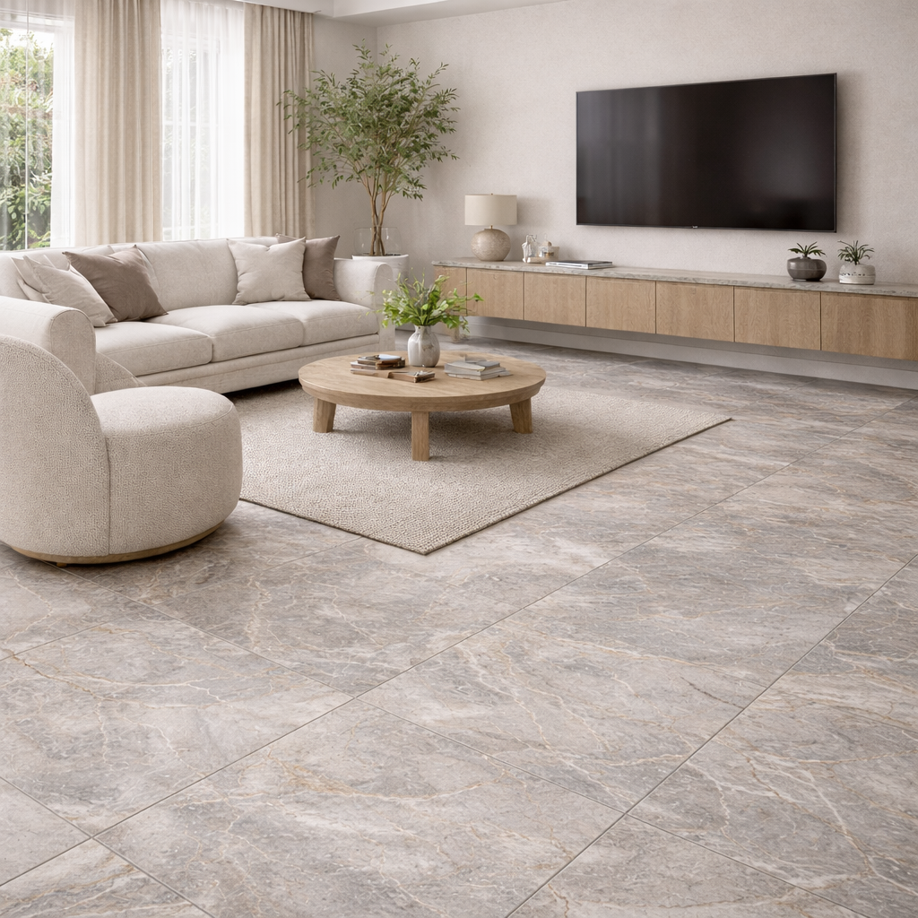 Modern living room with gray tiled floor, beige sofa, and wooden coffee table.