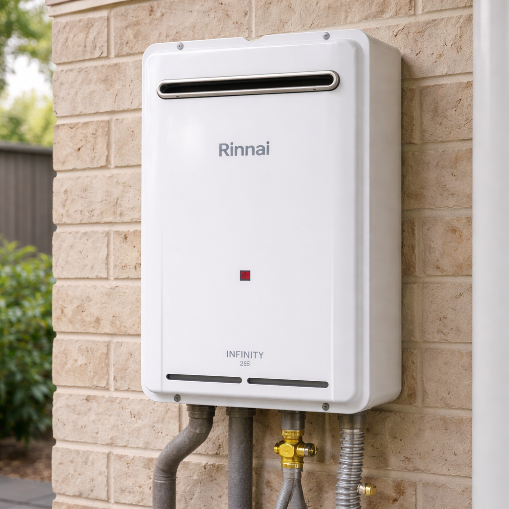 Rinnai water heater mounted on a brick wall