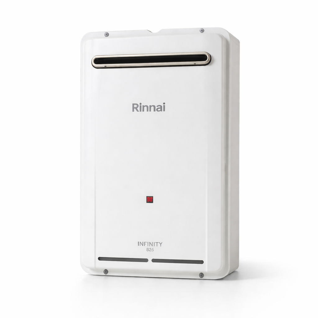 Rinnai Infinity gas water heater on a white background