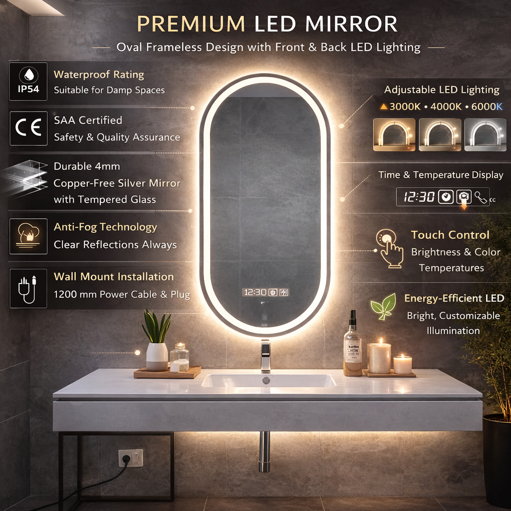 Bathroom vanity with a premium LED mirror featuring various specifications.