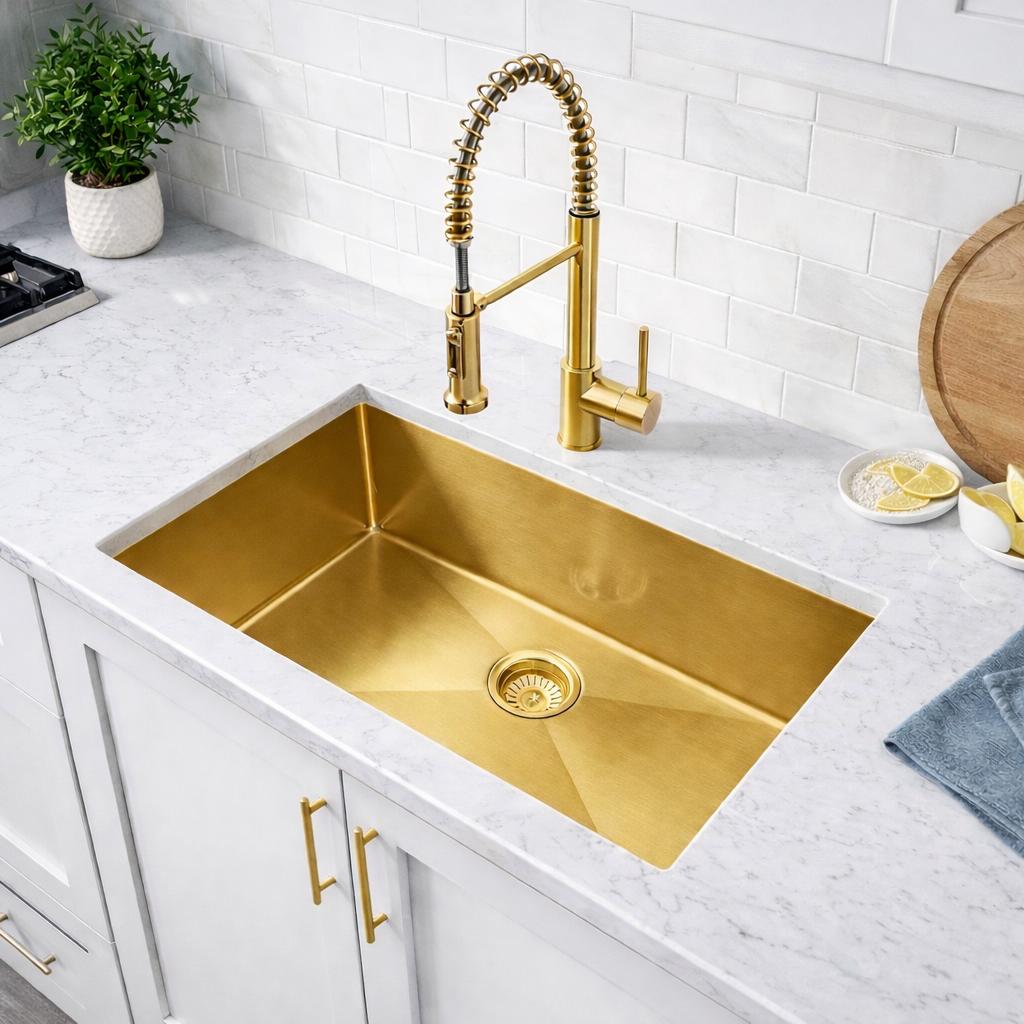 Large Handmade Stainless Steel Kitchen Sink | Single Bowl Under/Top/Flush Mount | Brushed Gold