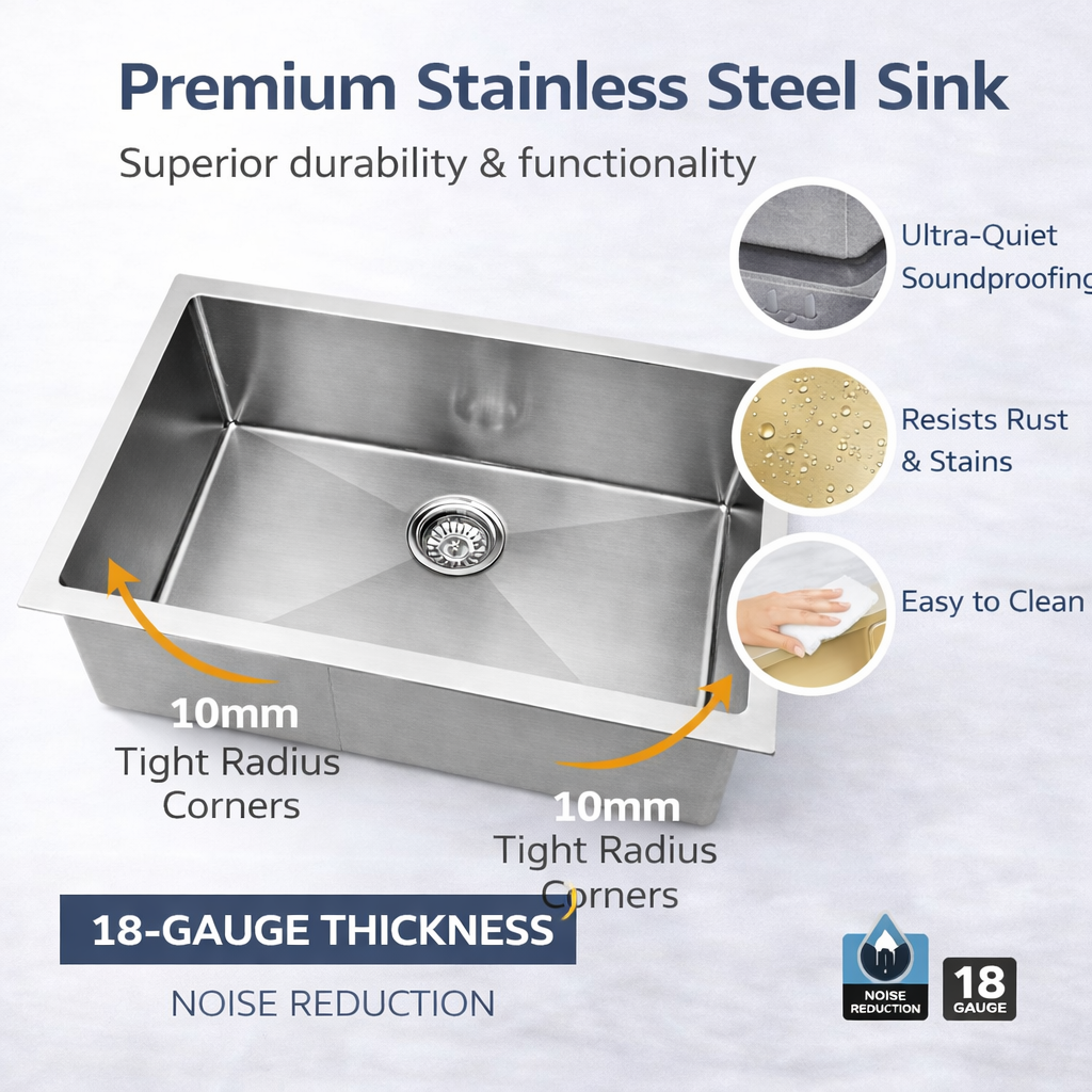Large Handmade Stainless Steel Kitchen Sink – Single Bowl Under/Top/Flush Mount