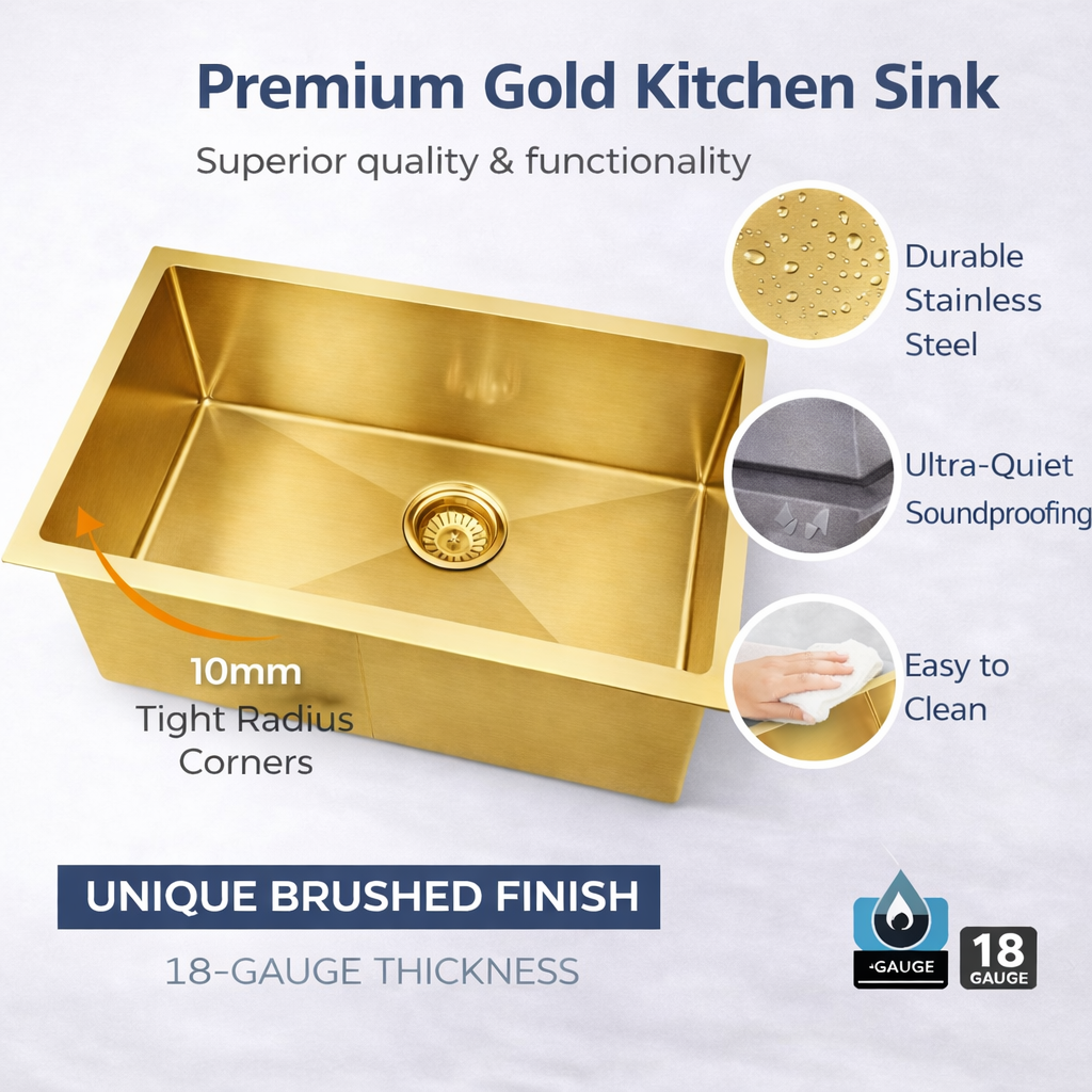 Large Handmade Stainless Steel Kitchen Sink | Single Bowl Under/Top/Flush Mount | Brushed Gold