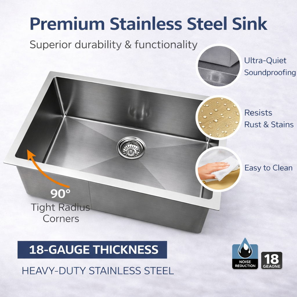 Stainless steel sink with features highlighted on a white background