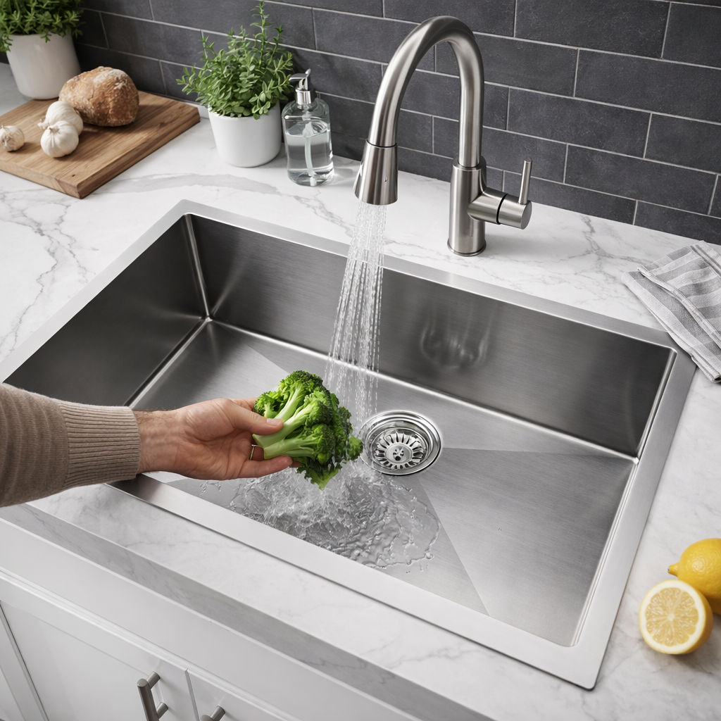 Person washing broccoli in a stainless steel kitchen sink with running water.