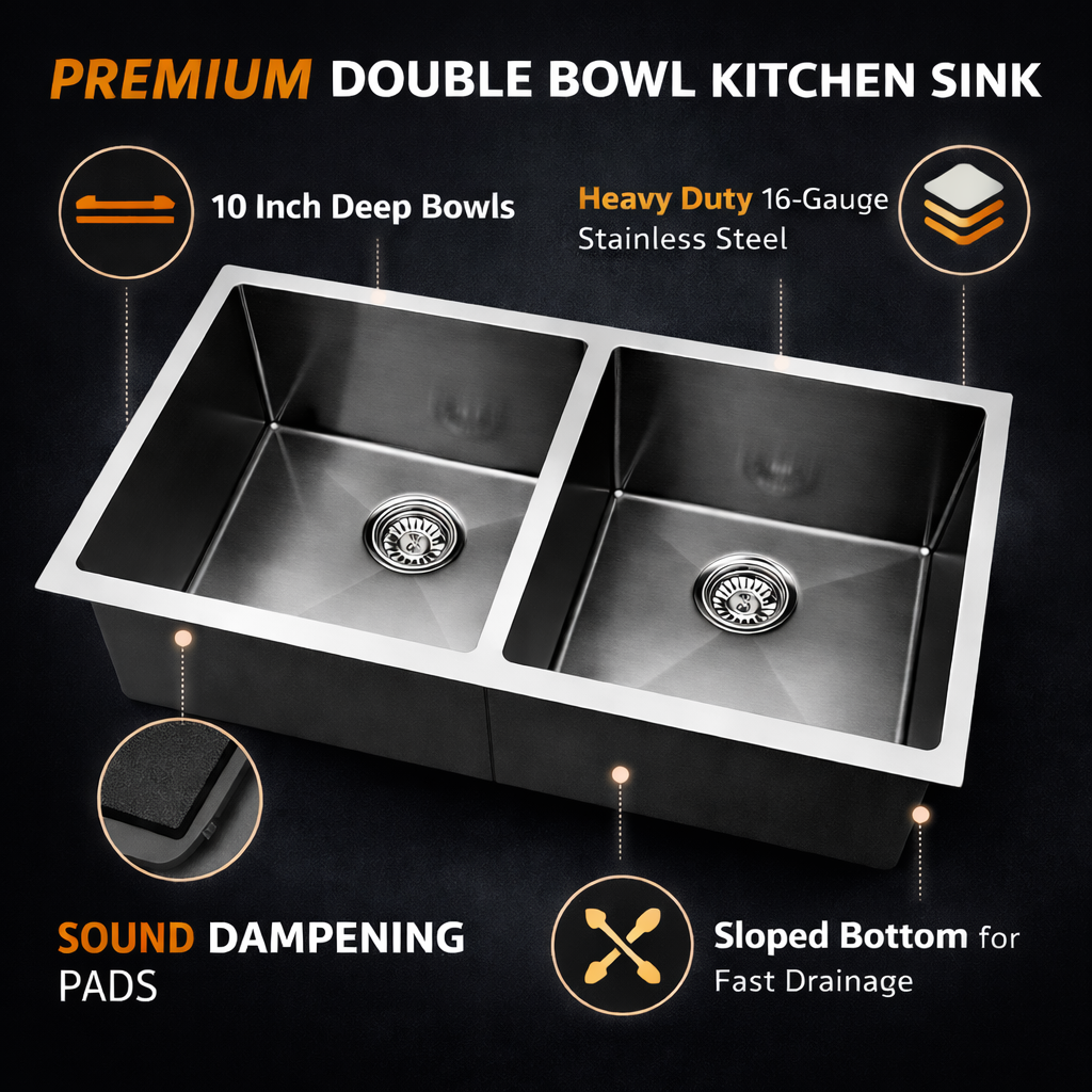 Premium double bowl kitchen sink with features highlighted on a dark background