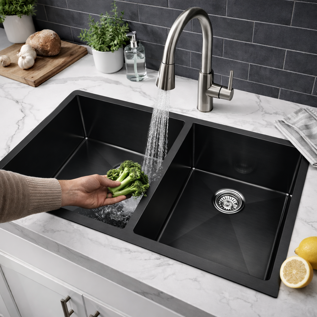 Person washing broccoli in a black kitchen sink with running water, surrounded by kitchen items.