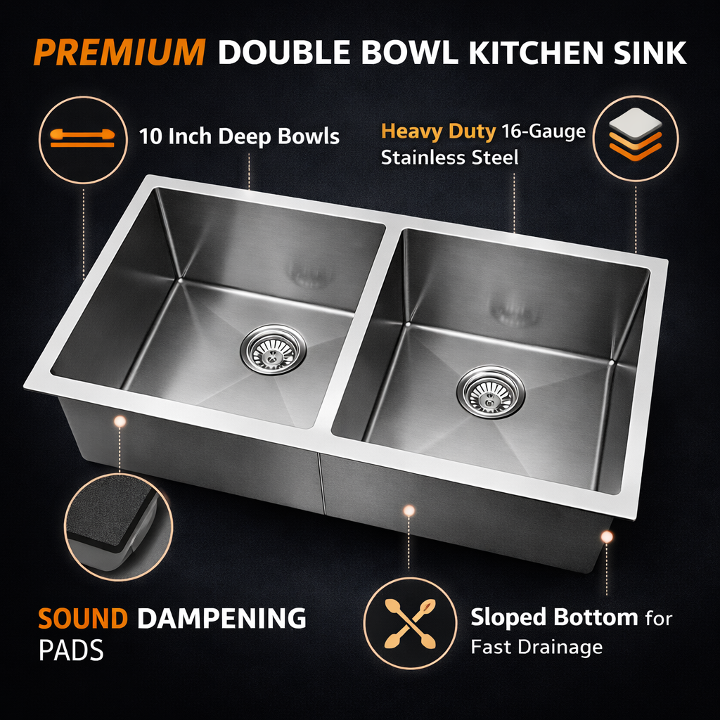 Handmade Stainless Steel Kitchen Sink –Double Bowl Under/Top/Flush Mount