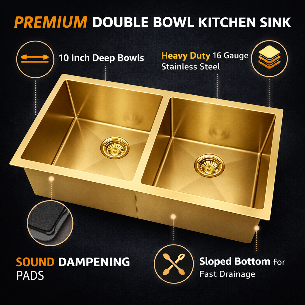 Gold double bowl kitchen sink with features highlighted on a black background