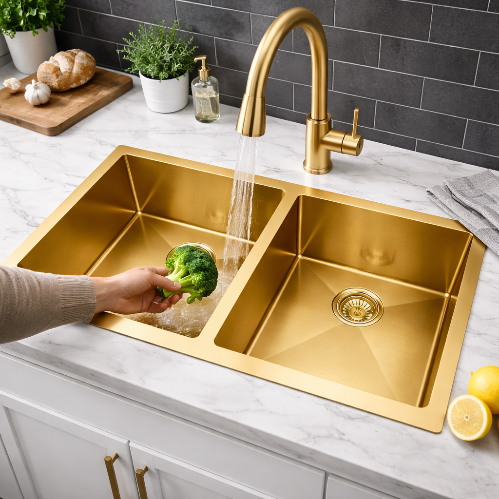 Gold kitchen sink with running water, broccoli being washed, and a person's hand holding it.