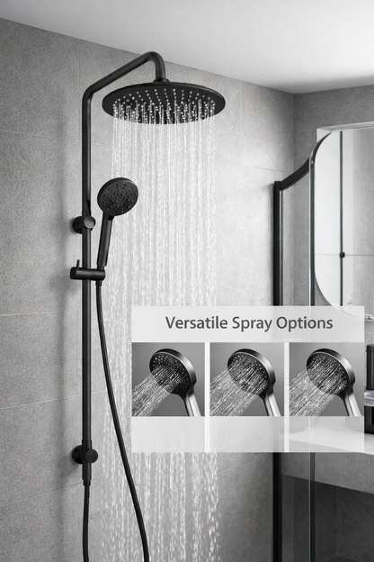 10″ Round Rainfall Shower Head Set –3 Mode Handheld | WELS Rated | Matte Black