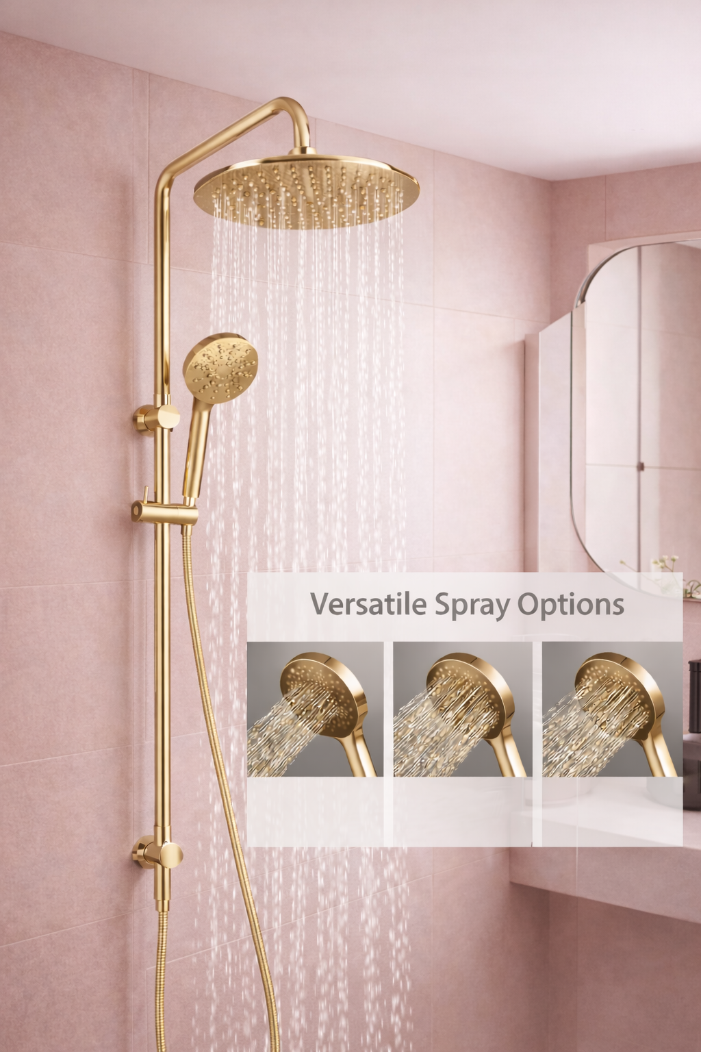 10″ Round Rainfall Shower Head Set –3 Mode Handheld | WELS Rated | Brushed Gold