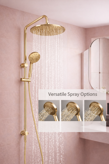 10″ Round Rainfall Shower Head Set –3 Mode Handheld | WELS Rated | Brushed Gold