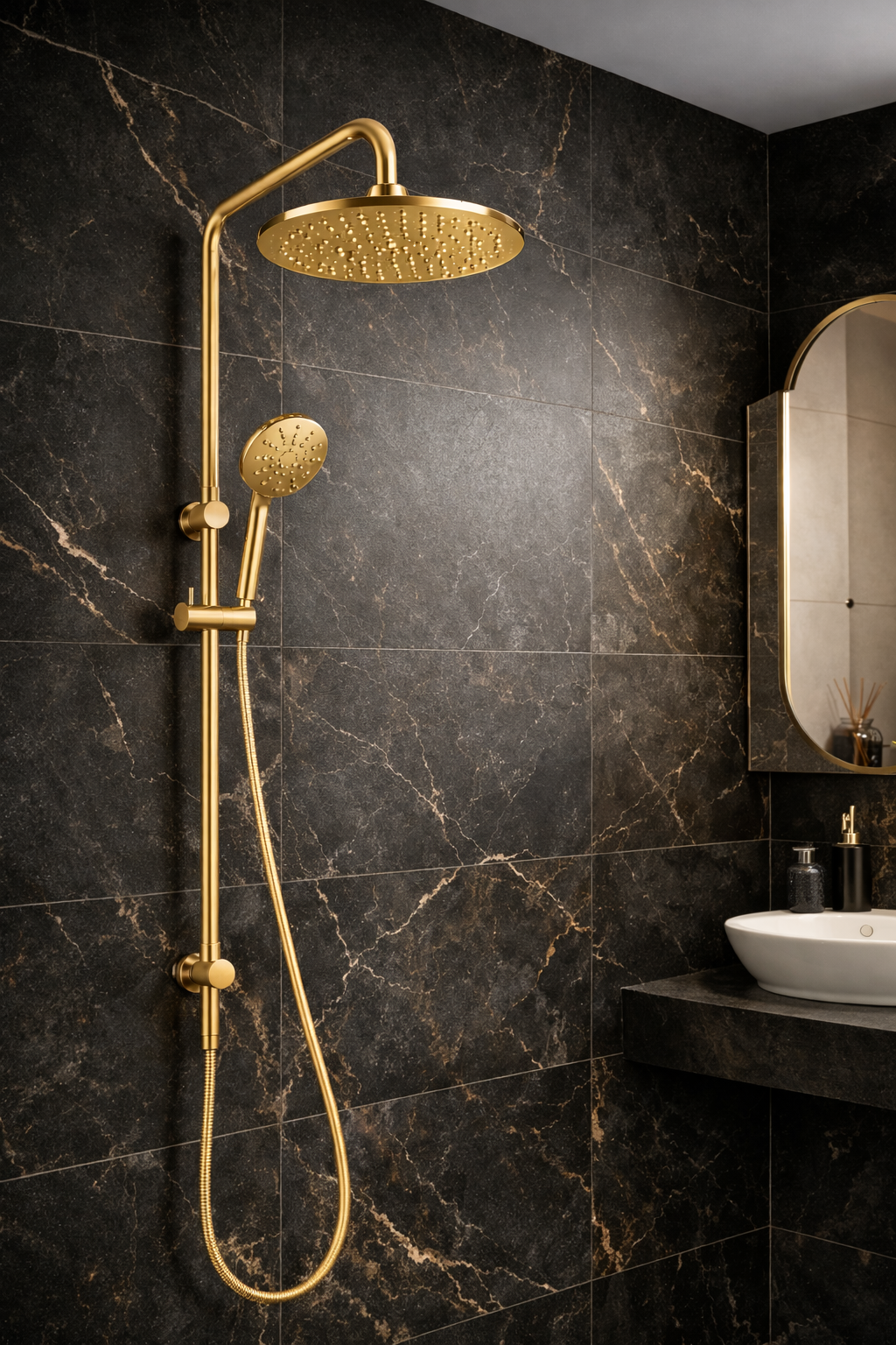 10″ Round Rainfall Shower Head Set –3 Mode Handheld | WELS Rated | Brushed Gold