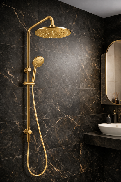 10″ Round Rainfall Shower Head Set –3 Mode Handheld | WELS Rated | Brushed Gold