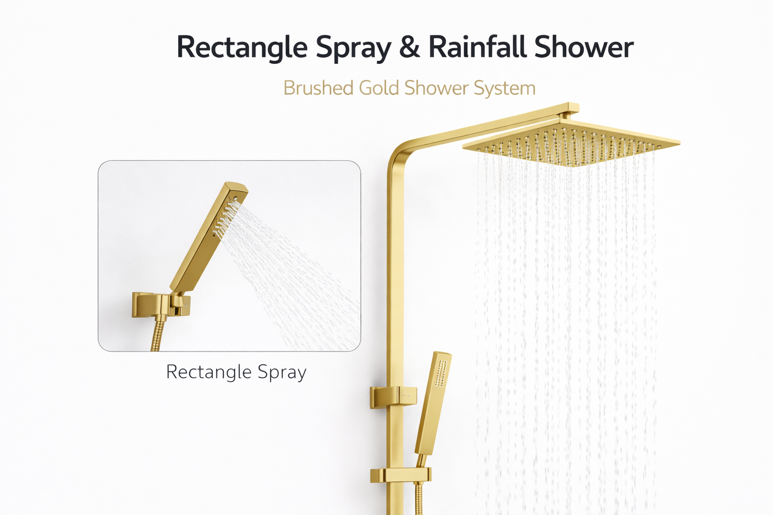 10" Square Rainfall Shower Head Set – Rectangle Handheld Spray| WELS Rated | Brushed Gold