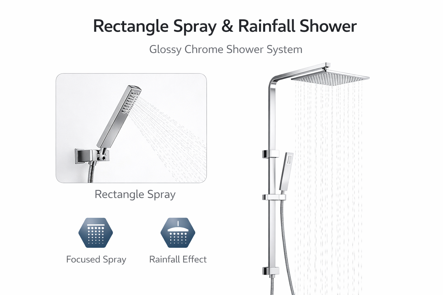 10" Square Rainfall Shower Head Set – Rectangle Handheld Spray| WELS Rated | Chrome