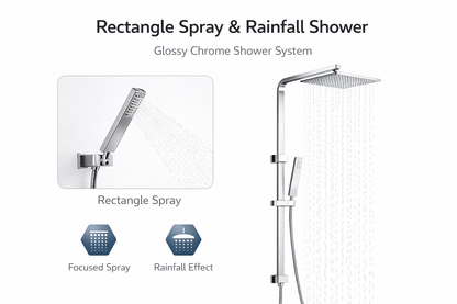 10" Square Rainfall Shower Head Set – Rectangle Handheld Spray| WELS Rated | Chrome