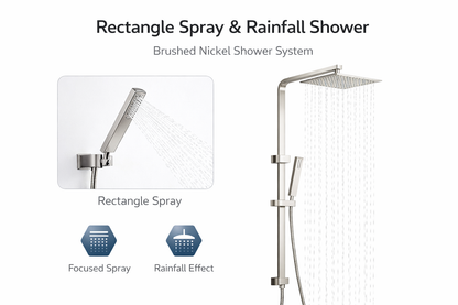 10" Square Rainfall Shower Head Set – Rectangle Handheld Spray| WELS Rated | Brushed Nickel