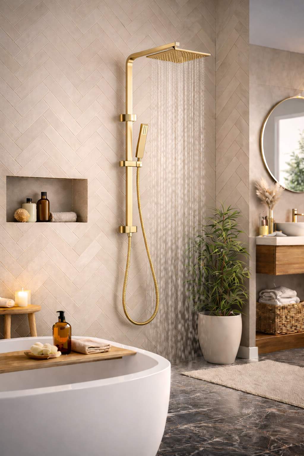 10" Square Rainfall Shower Head Set – Rectangle Handheld Spray| WELS Rated | Brushed Gold