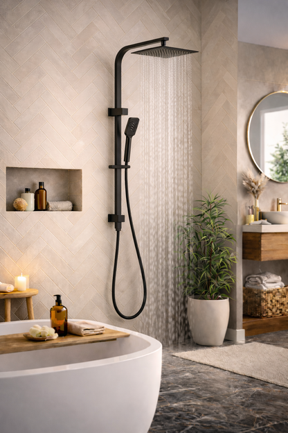 10″ Square Rainfall Shower Head Set –3 Mode Handheld | WELS Rated | Matte Black