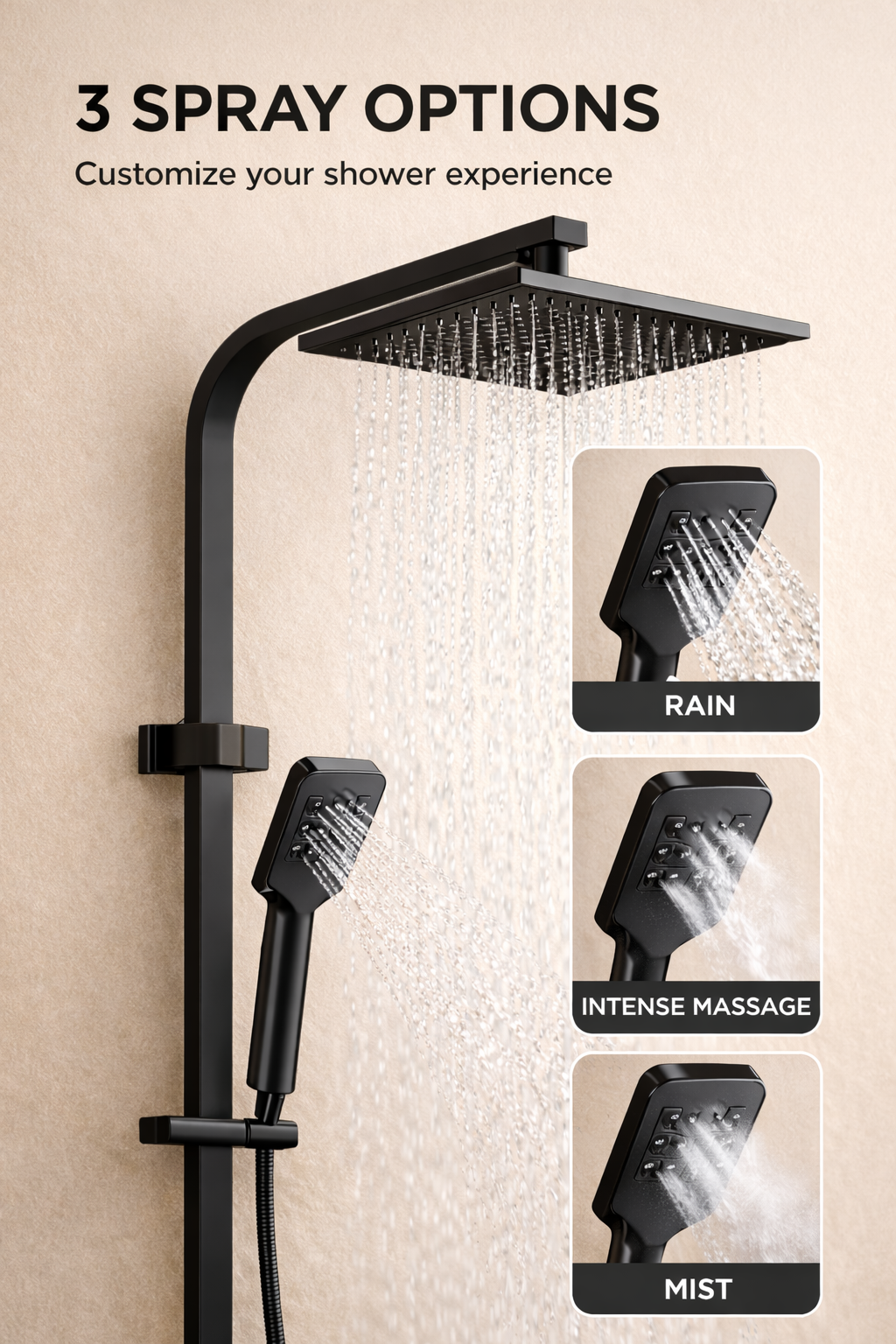 10″ Square Rainfall Shower Head Set –3 Mode Handheld | WELS Rated | Matte Black