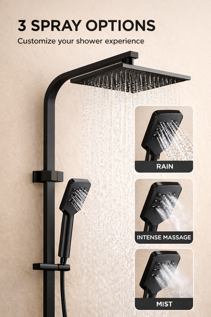 10″ Square Rainfall Shower Head Set –3 Mode Handheld | WELS Rated | Matte Black