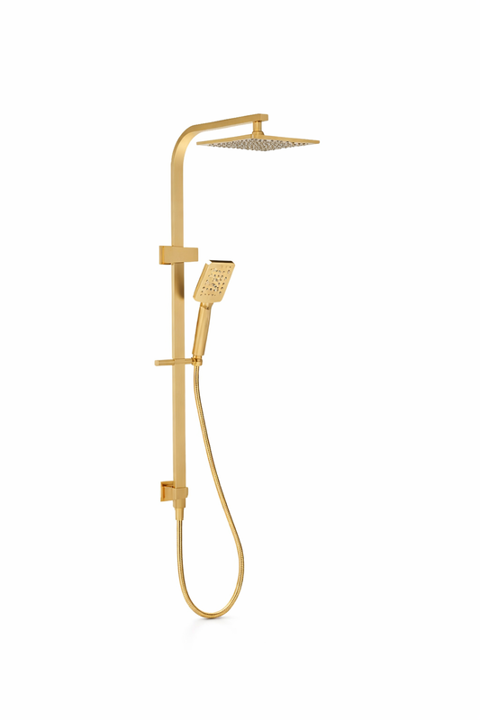 10″ Square Rainfall Shower Head Set –3 Mode Handheld | WELS Rated | Brushed Gold