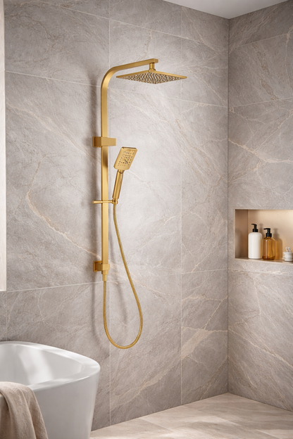 10″ Square Rainfall Shower Head Set –3 Mode Handheld | WELS Rated | Brushed Gold